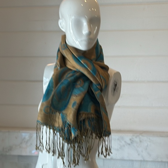 Reversible Turquoise & Brown Circle Print Fringe Pashmina Wrap Scarf or Sarong - Picture 8 of 13